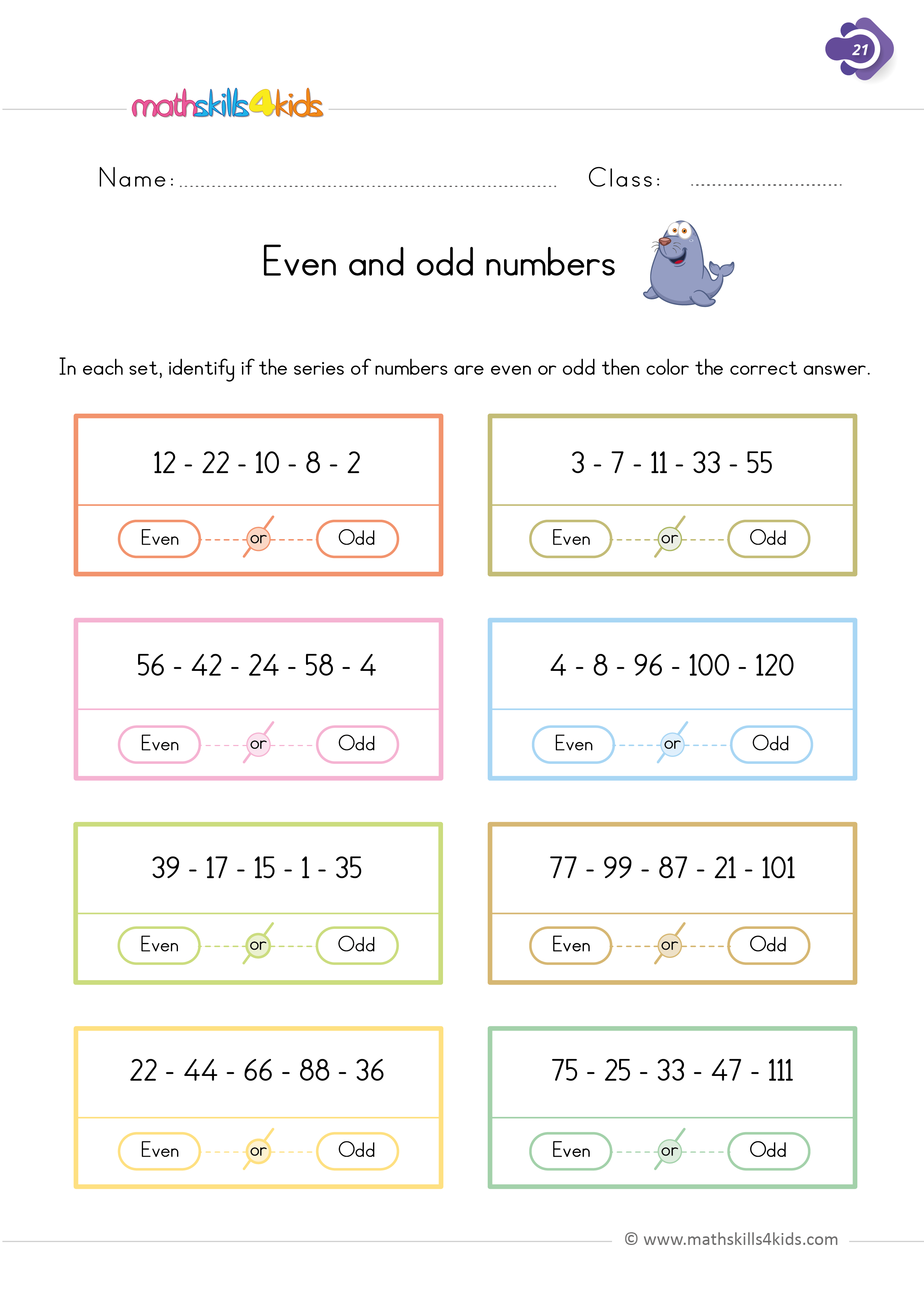 First Grade math worksheets - even and odd numbers