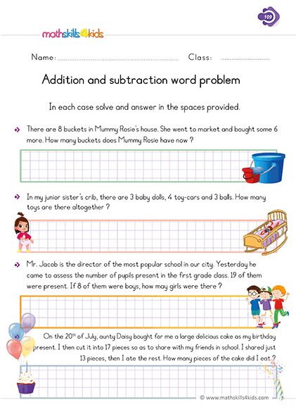 Free printable 1st Grade addition and subtraction worksheets - Adding & subtract word problems