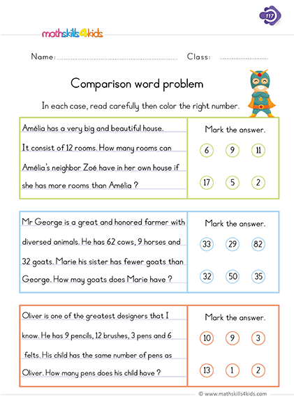 First Grade math worksheets - Comparison word problems up to 100