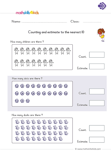 1st Grade math estimation worksheets PDF - Counting and estimating