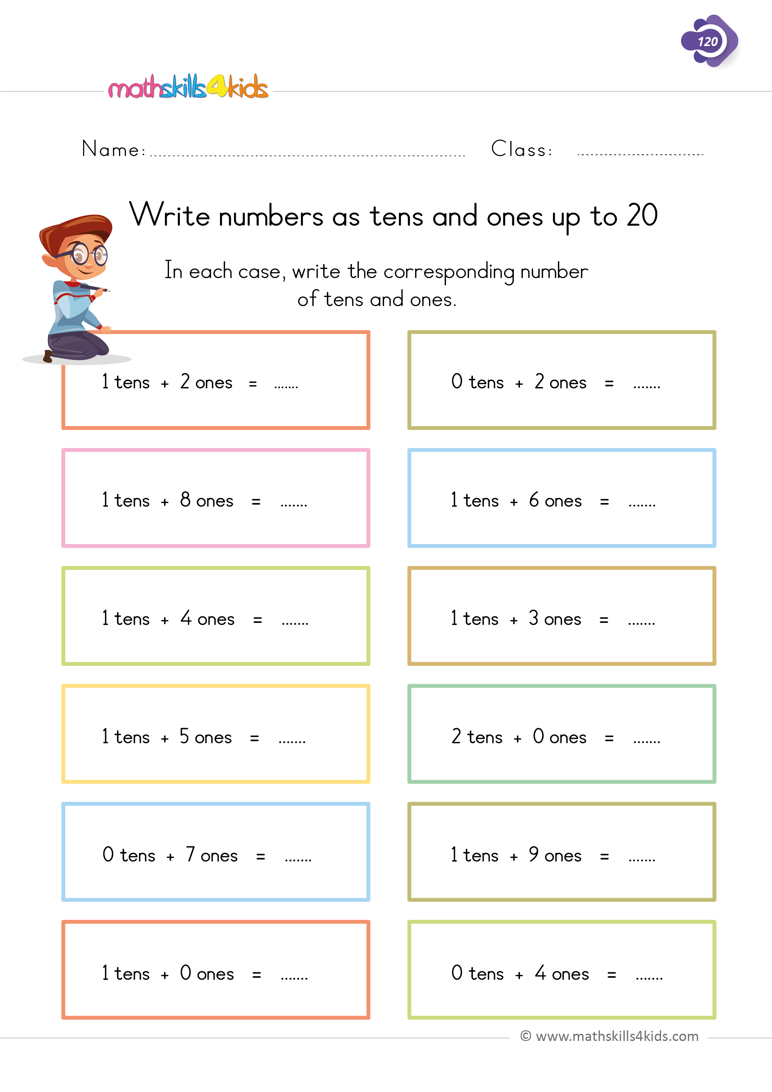 First Grade math worksheets - Writing numbers as tens and ones up to 20
