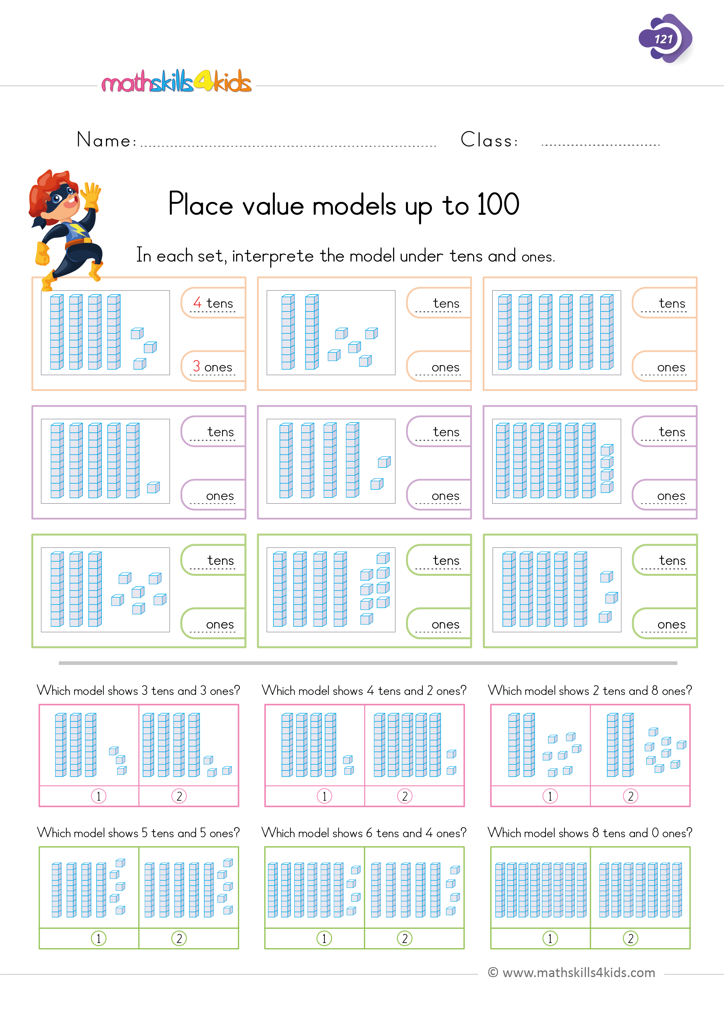 Free printable 1st Grade place value worksheets - place value models up to 100 with cubes worksheets