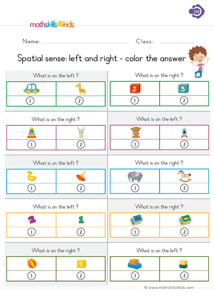 First Grade Math spatial sense worksheets - left right