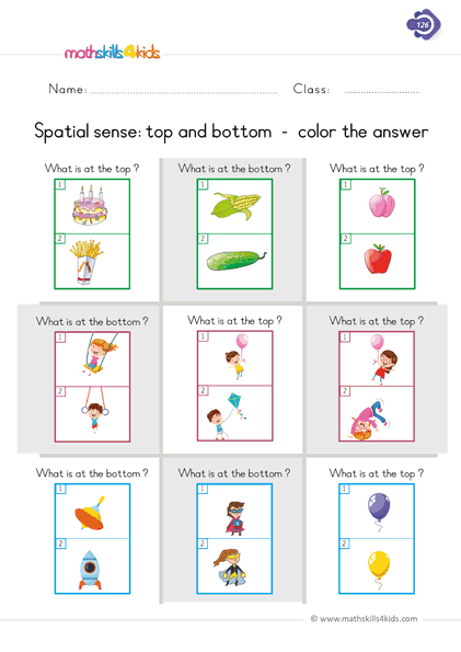 First Grade Math spatial sense worksheets - top bottom