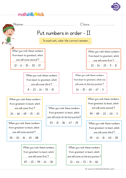First Grade math worksheets - put in order - sorting and classifying worksheets