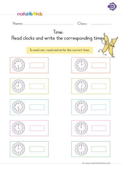 First Grade Math time worksheets - read clock and write times