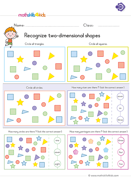 1st Grade two dimensional shapes worksheets PDF - identifying 2d shapes