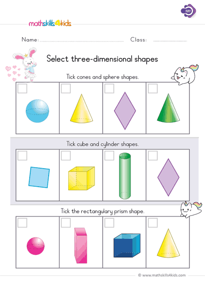 First Grade Math three-dimentional shapes worksheets