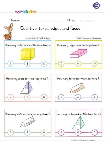 Fun and engaging 3D Shapes worksheets for Grade 1 students - Count vertexes, edges, and faces