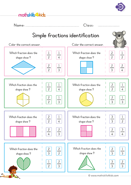 Free fraction worksheets for Grade 1 students (PDF Download) - identifying simple fractions