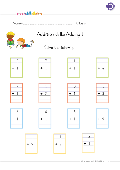 Single-digit addition worksheets for Grade 1: Free printable resources - adding 1