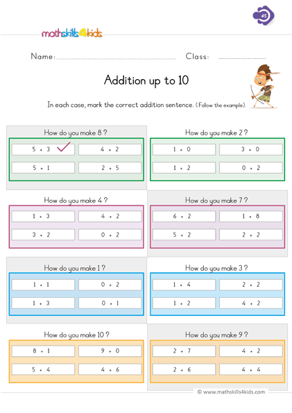 First Grade Math worksheets - make a number using addition sums up to 10