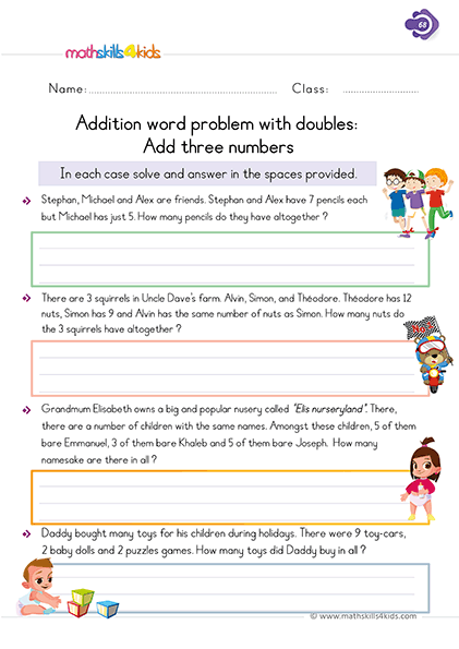 Mastering addition facts: 1st Grade worksheets and strategies - Adding word problems with doubles: add 3 numbers