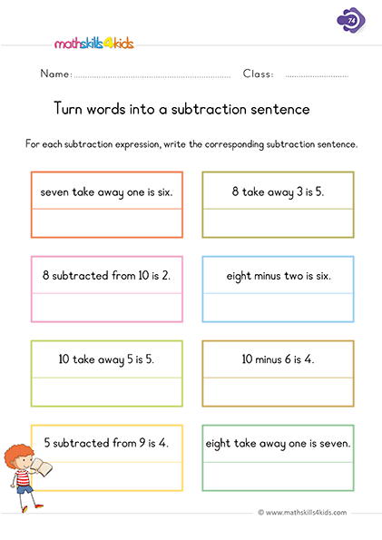First Grade math worksheets - subtraction with pictures worksheets