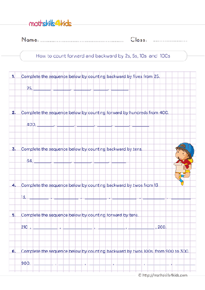 Second Grade math worksheets - counting foward and backward by 2s 5s 10s 100s