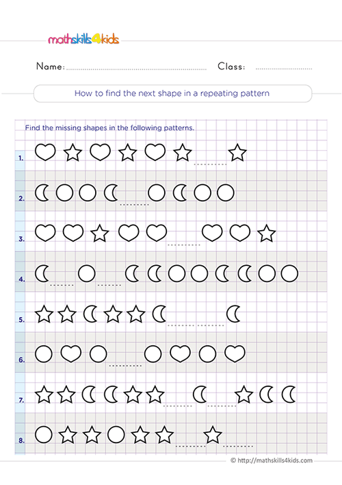 Mastering shape patterns: Second-Grade worksheets and activities - Finding the next shape in a repeating patterns