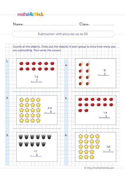 Mastering subtracting 1-digit strategies: 2nd Grade worksheets and activities - Subtraction with pictures up to 20