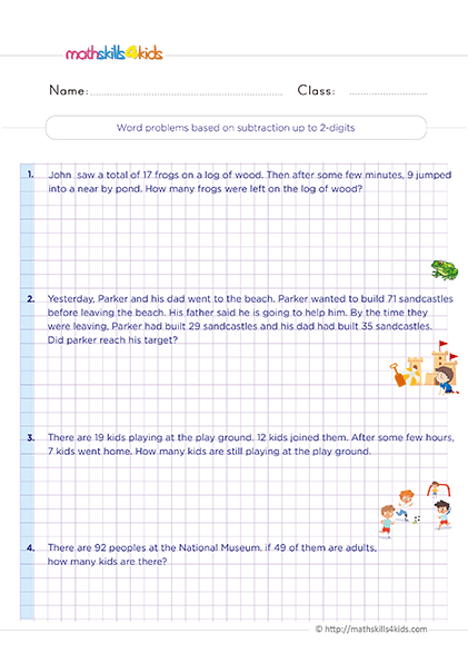 Subtraction Worksheets for Grade 2 Pdf with answers - word problems based on subtraction up to 2 digits