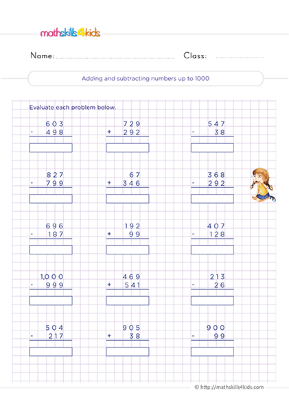 Free printable 2nd Grade mixed operations worksheets PDF - Adding and subtracting numbers up to 1000