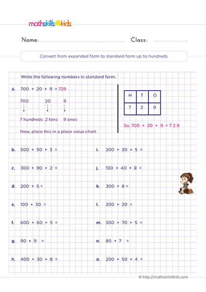 Free place value worksheets for 2nd Grade math practice - Convert from expanded form to standard form up to hundreds
