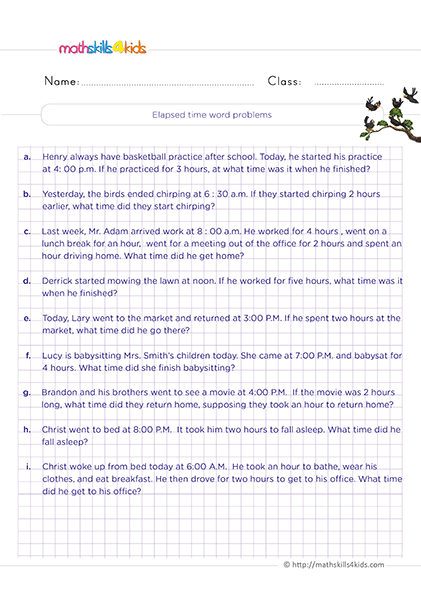 Second Grade Math elapsed time word problems worksheets