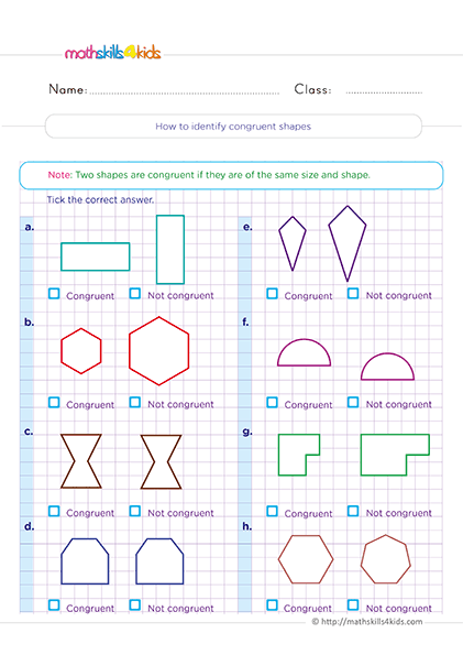 Free printable 2nd Grade 2D shape worksheets for math practice - Identifying congruent shapes
