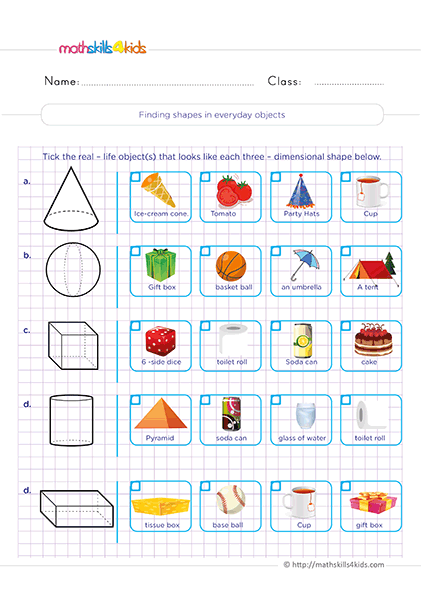 Free printable 3D shapes worksheets for Grade 2 math practice - Finding 3D shapes in everyday objects