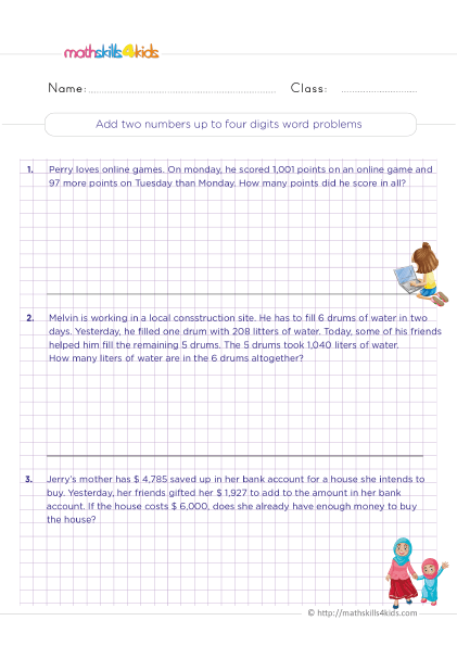 Addition Worksheets for Grade 3 Pdf with answers - Add two numbers up to four digit word problems