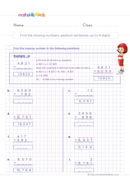 Addition Worksheets for Grade 3 Pdf with answers - find the missing numbers addition sentences up to 4 digit