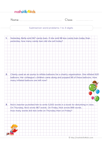 Subtraction Worksheets for Grade 3 Pdf with answers - subtraction word problems 1 to 3 digit practice