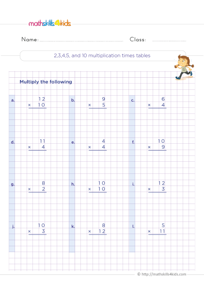 Free multiplication facts fluency worksheets Pdf for 3rd graders - 2 - 3 - 4 - 5 and 10 multiplication times tables
