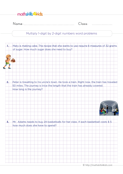 Multiplication Worksheets Grade 3 Pdf with answers - Multiplying 1 digit by 2 digit numbers word problems