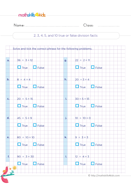 3rd Grade Conceptual Understanding Division with answers - Division facts : dividing by 2 3 4 5 and 10