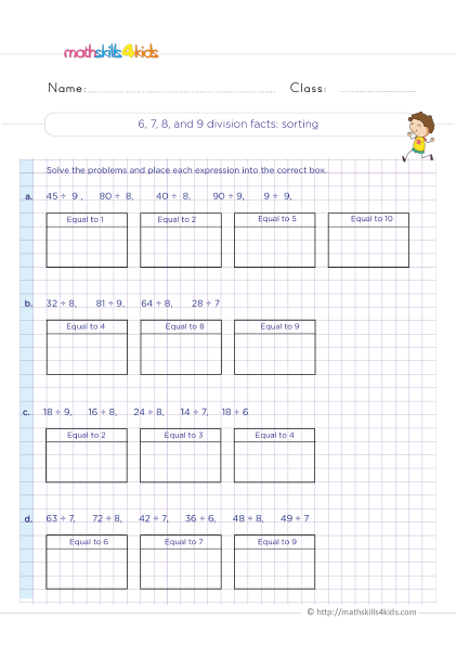 Printable division facts fluency worksheets for 3rd Graders - 6 7 8 and 9 division facts sorting