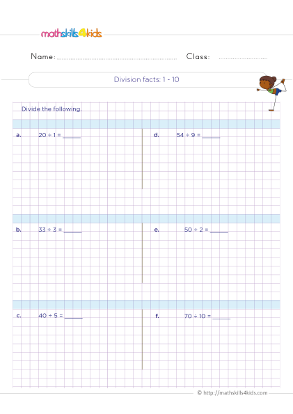 Printable division facts fluency worksheets for 3rd Graders - Division facts: dividing by 1-10