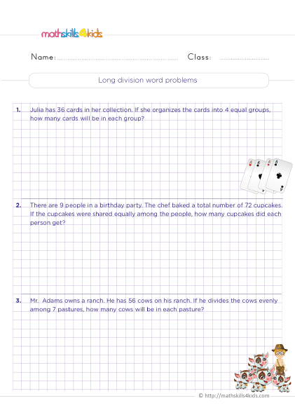 Printable division worksheets for 3rd Grade math for teachers & parents - Division practice: long division word problems