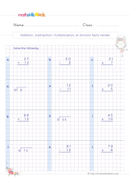 Free printable mixed operations math worksheets for 3rd graders - Addition subtraction multiplication or division facts