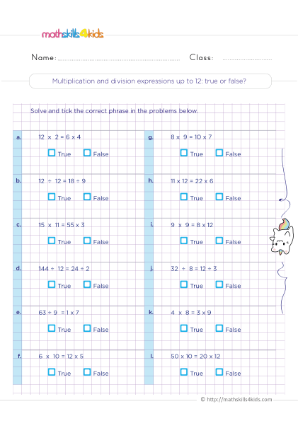 Free printable mixed operations math worksheets for 3rd graders - Multiplication & division expression up to 12 true or false