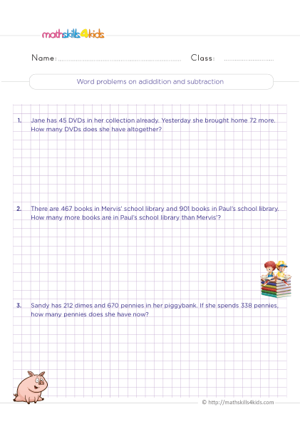 Free printable mixed operations math worksheets for 3rd graders - Word problems on addition and subtraction