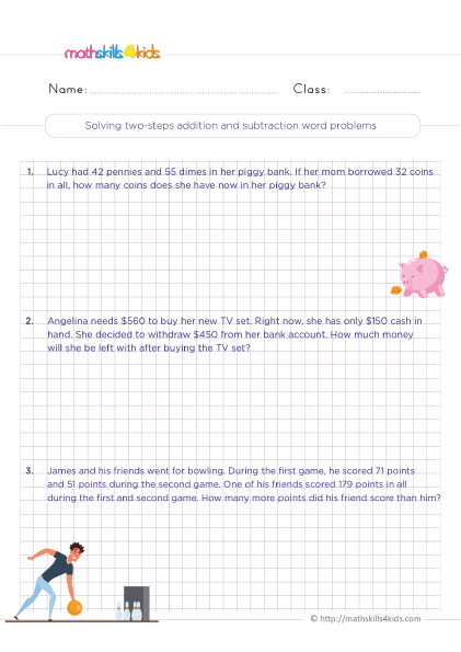 Solving Two Steps Word Problems 3rd Grade Worksheets - Solving two-steps addition and subtraction word problems