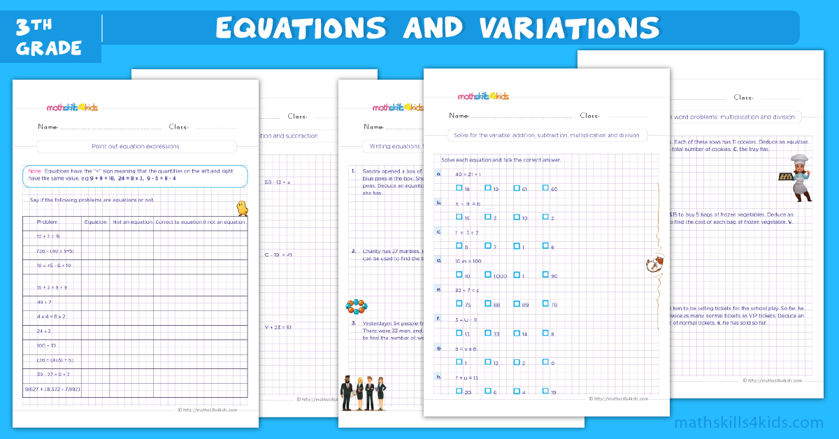 3rd Grade Math worksheets - equations and variations