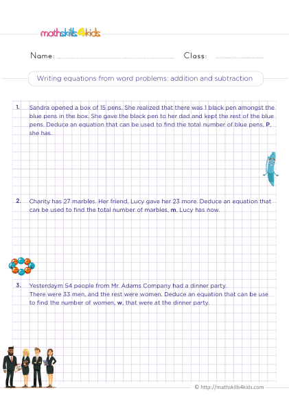Solving Equations with Variables 3rd Grade Worksheets - Writing equations from word problems: addition and subtraction