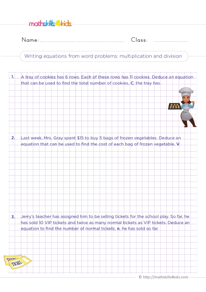 Solving Equations with Variables 3rd Grade Worksheets - Writing equations from word problems multiplication and division