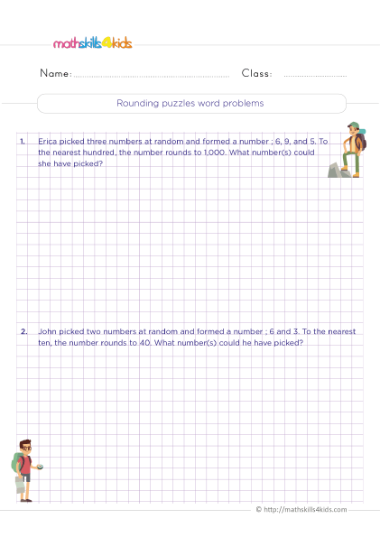 Free printable estimating and rounding worksheets for 3rd Grade math practice - Rounding puzzles word problems