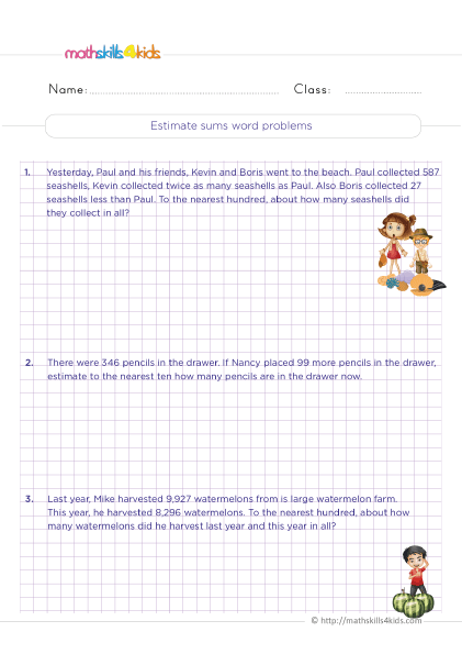 Free printable estimating and rounding worksheets for 3rd Grade math practice - Estimate sums word problems