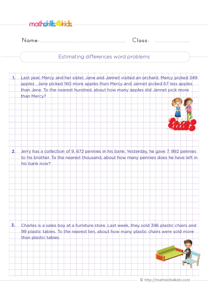 Rounding Numbers Worksheets with Answers 3rd Grade - Estimate difference word problems