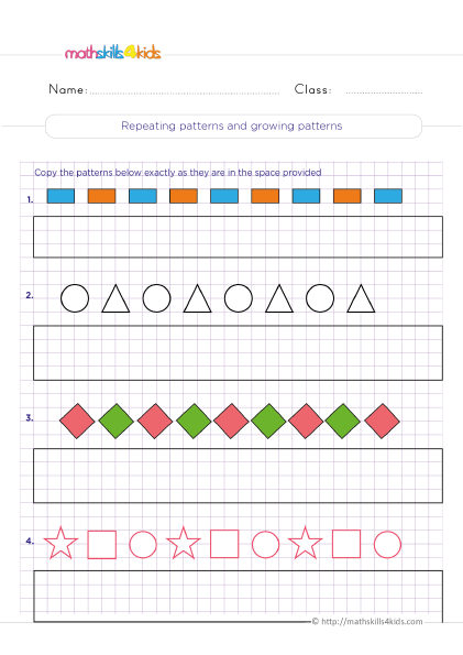 Free patterns worksheets for Grade 3: A fun and easy way to learn about shapes and sequences - Repeating patterns and growing patterns