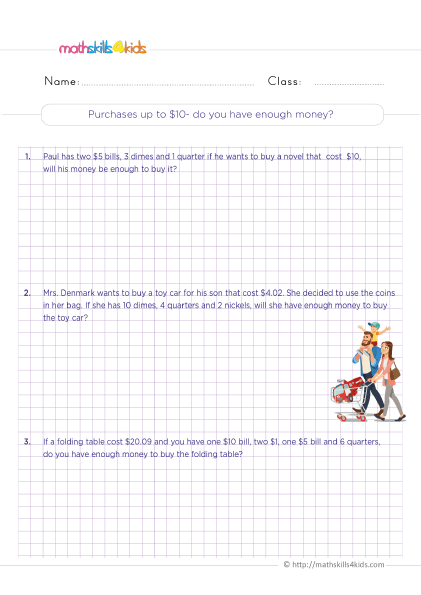 Money Worksheets Grade 3 Pdf with answers - Do you have enough money to make purchases up to $10