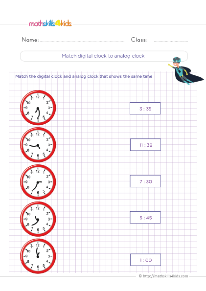Fun and engaging printable telling time worksheets for 3rd Graders - Matching digital clock and analog clock