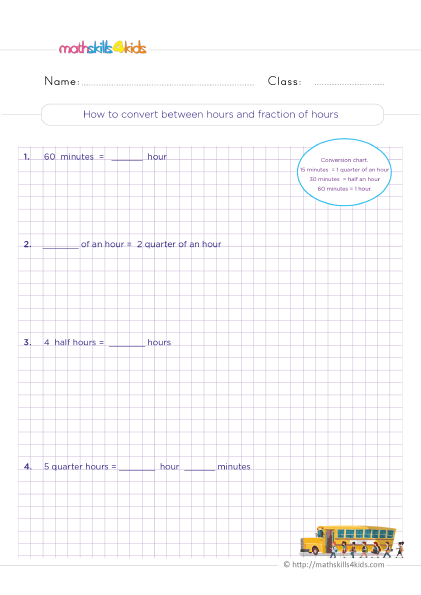 Fun and engaging printable telling time worksheets for 3rd Graders - How to convert between hours and fraction of hours